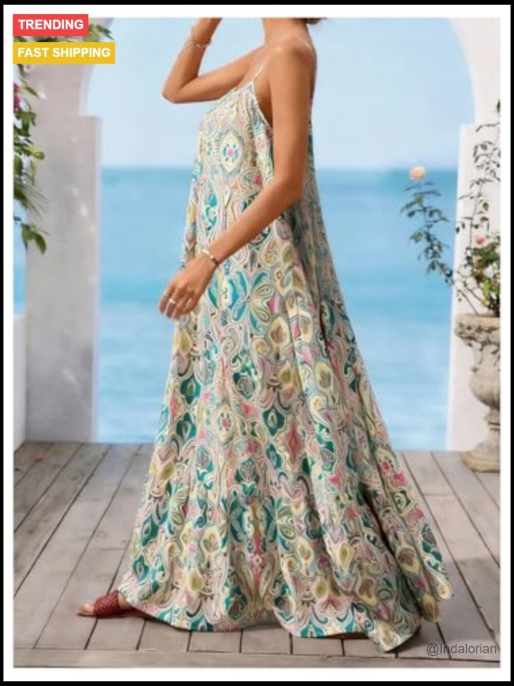Boho Geo A-Line Maxi Dress Backless Flowy Summer Vacation - Picture 3 of 5
